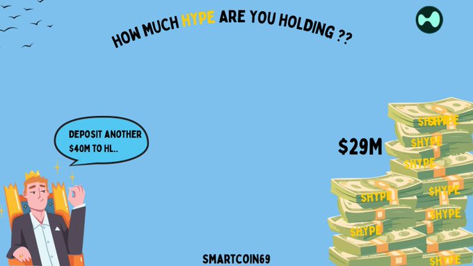 A cartoon image shows a crowned figure saying "DEPOSIT ANOTHER $40M TO HL.." alongside a large pile of cash bundles labeled "HYPE," with the headline "HOW MUCH HYPE ARE YOU HOLDING??" and the figure "$29M" prominently displayed, branded by "SMARTCOIN69." The image visually illustrates the post's claim of a massive $29M deposit into Hyperliquid ($HYPE), emphasizing the staggering scale of the wallet's 3.24M token position worth ~$252M.