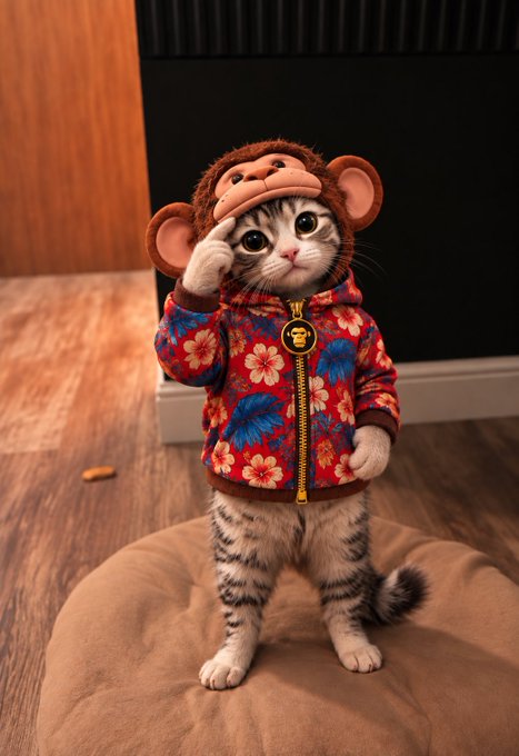 An adorable kitten wearing a brown monkey-ear hat and a red floral hoodie stands upright on its hind legs on a tan cushion, with one paw raised in a salute.
