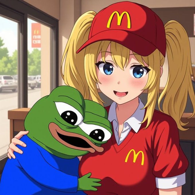 An anime-style illustration depicting the Pepe the Frog meme character in a blue shirt being hugged by a blonde female McDonald's employee wearing the red McDonald's uniform and cap.