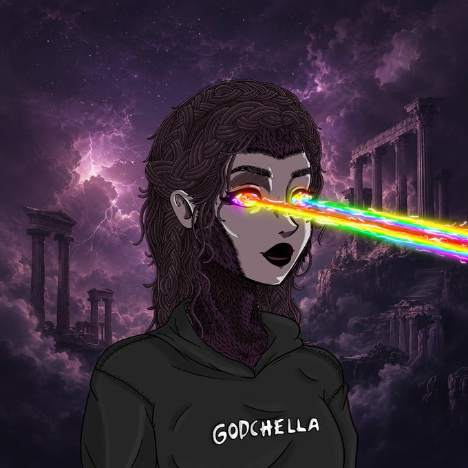 A stylized digital illustration of a figure with braided hair wearing a black shirt labeled 'GODCHELLA', with rainbow-colored laser beams shooting from their eyes against a dramatic purple stormy sky with ancient ruins.