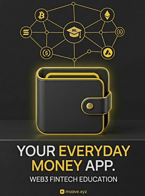 The image features a poster with a black background that prominently displays a wallet icon along with the text "Your Everyday Money App" written below it. The wallet, which appears to be made of black leather or fabric, has a gold zipper running down its center. Below the wallet, there is a line of yellow text that reads "Web3 FinTech Education". This suggests that the poster is promoting an educational resource related to web3 finance and technology.