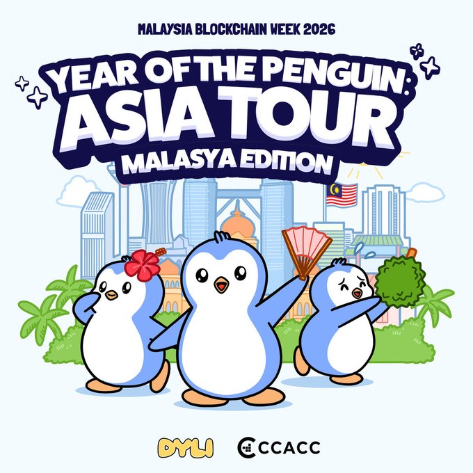 A promotional illustration for "Year of the Penguin: Asia Tour - Malaysia Edition" during Malaysia Blockchain Week 2026, featuring three cartoon Pudgy Penguins holding a hibiscus flower, fan, and durian fruit against a backdrop of Kuala Lumpur's skyline including the Petronas Towers and a Malaysian flag. The poster is branded with "DYLI" and "CCACC" logos, supporting the post's announcement of Pudgy Penguins' community events in Malaysia from July 30 to August 1.