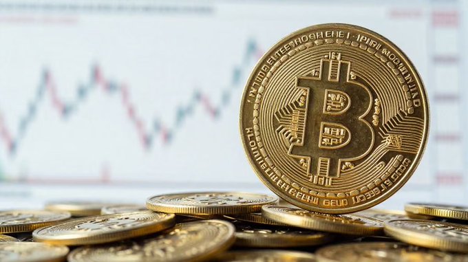 A gleaming physical Bitcoin token stands prominently in front of a blurred candlestick chart, with surrounding gold coins visible in the foreground. The visible text on the coin reads "BITCOIN DIGITAL DECENTRALIZED PEER TO PEER" and "FINE COPPER," symbolizing the cryptocurrency's underlying strength referenced in the post about recovering on-chain demand, net ETF inflows, and conviction buying despite lagging price action.