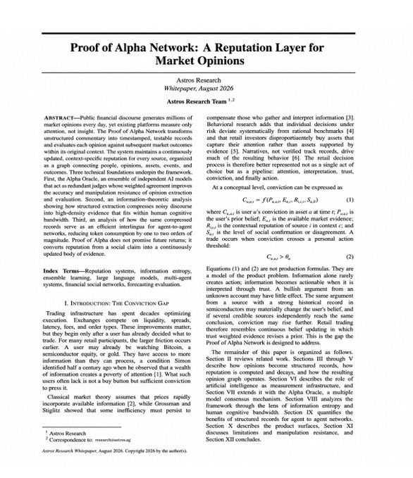 The first page of an academic paper titled 'Proof of Alpha Network: A Reputation Layer for Market Opinions' by Astros Research, dated August 2026.