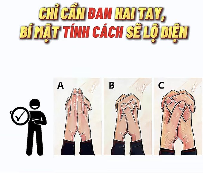 A Vietnamese personality test image with text reading 'CHỈ CẦN ĐAN HAI TAY, BÍ MẬT TÍNH CÁCH SẼ LỘ DIỆN' (Just interlace your two hands, personality secrets will be revealed), showing three hand positions labeled A, B, and C with a stick figure pointing to the options.