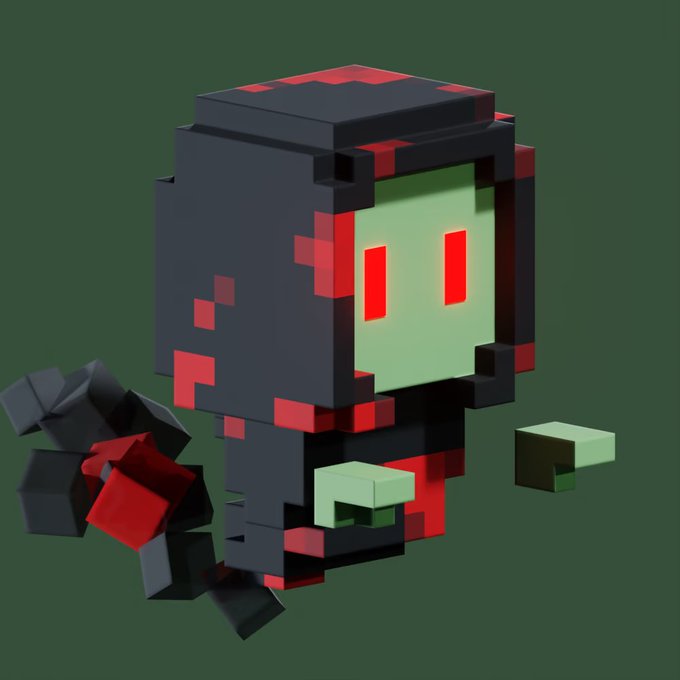 A 3D voxel art character with a blocky black and red body, a green face with red rectangular eyes, and detached floating cube pieces against a solid green background.