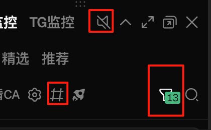 A dark-themed user interface with Chinese text including 'TG监控' (TG monitoring), with red boxes highlighting icons for sound muting, hashtag, and a filter with the number 13.