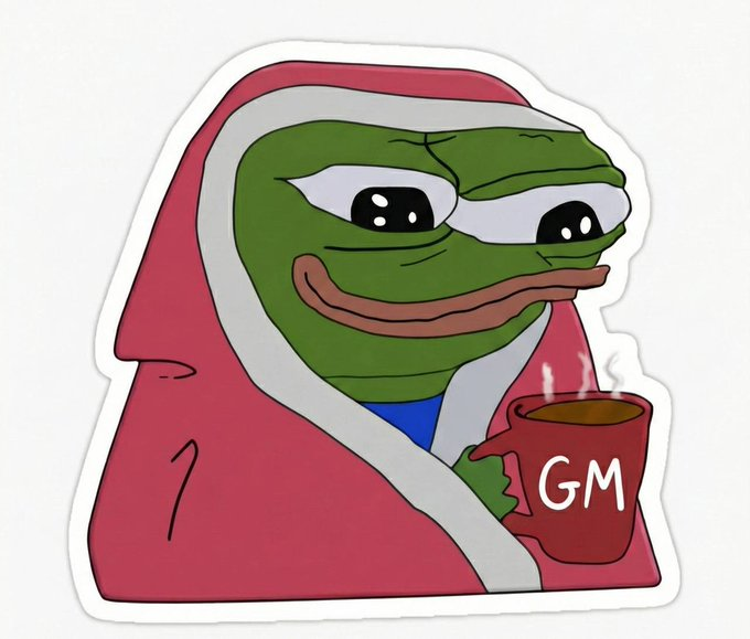 A cartoon sticker depicts the Pepe the Frog character wrapped in a pink blanket, holding a steaming mug labeled 'GM' (good morning).