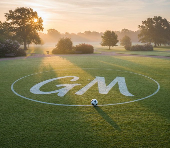 A scenic golf course at sunrise features a soccer ball resting on a white circle painted in the grass with the letters 'GiM' displayed prominently in the center.