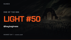 A dark-themed music player screen displays 'Numen' at the top left, the title 'ONE OF THE 666 LIGHT #50' in orange text, and the handle '@baybeeginsss' against a background showing silhouettes of people and a tower.