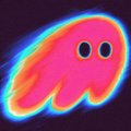 A small, neon-colored cartoon blob or amoeba-like creature with eyes against a black background.