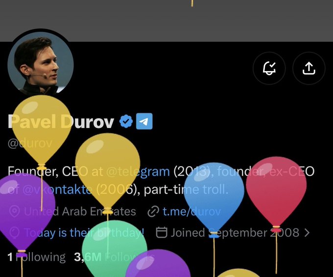 A profile page for 'Pavel Durov' (@durov) on a social media platform, identifying him as 'Founder, CEO at @telegram', decorated with colorful balloon graphics.