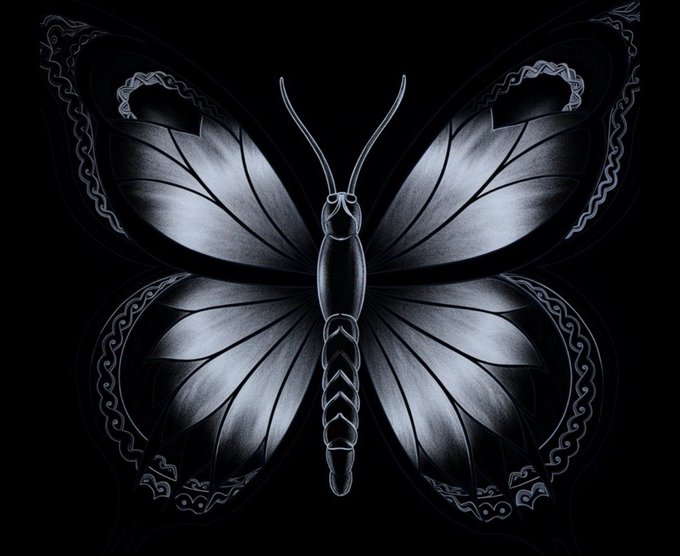 A stylized black and white butterfly with intricate patterned wings centered against a black background.