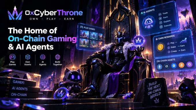 Promotional banner for 0xCyberThrone, described as 'The Home of On-Chain Gaming & AI Agents,' featuring a dark fantasy throne scene with a crowned figure and robot companion.