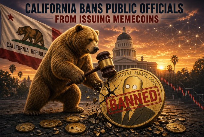 A digital illustration depicting a bear smashing a gold 'Official Meme Coin' with a gavel, accompanied by the headline 'CALIFORNIA BANS PUBLIC OFFICIALS FROM ISSUING MEMECOINS', set against the California state flag and capitol building.