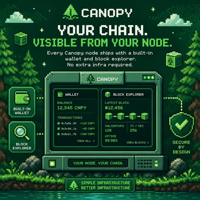 Pixel-art style graphic promoting "CANOPY: YOUR CHAIN. VISIBLE FROM YOUR NODE." — an advertisement showing a built-in wallet displaying a balance of 12,345 CNPY, transactions, and a block explorer with validators (128), TX/SEC (256), and 99.98% uptime, tagged "SIMPLE INFRASTRUCTURE, BETTER INFRASTRUCTURE."