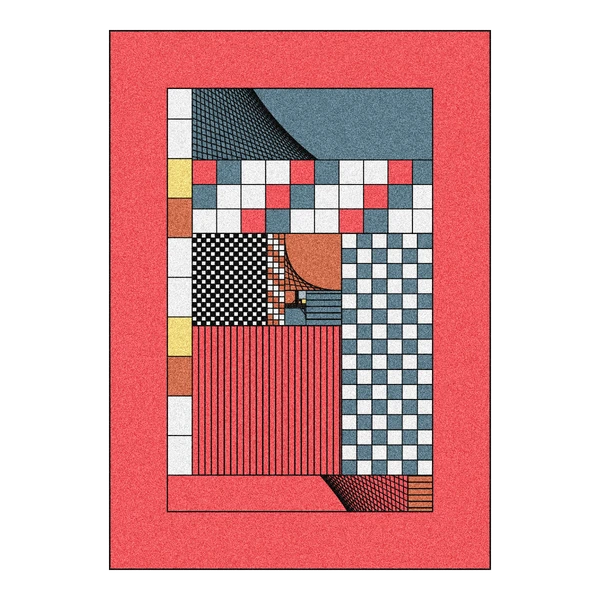 A geometric collage-style illustration on a red background, composed of various textured rectangles, checkerboards, and colored blocks.