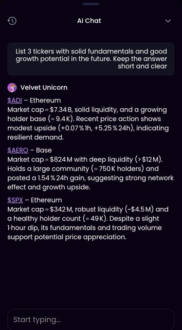 AI Chat interface titled 'Velvet Unicorn' listing 3 tickers with growth potential: $ADI (Ethereum), $AERO (Base), and $SPX (Ethereum) with their market caps and price actions.