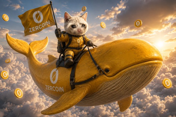 A digital artwork shows a white kitten wearing a golden spacesuit, holding a ZERCOIN flag and riding a golden whale through a cloudy sky filled with floating ZERCOIN coins, with 'ZERCOIN' written on the whale's side.