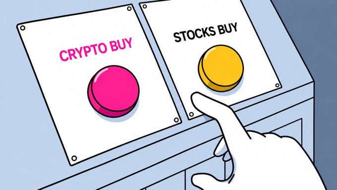 A cartoon illustration of a hand reaching to press a yellow button labeled 'STOCKS BUY' on a control panel next to a pink button labeled 'CRYPTO BUY'.
