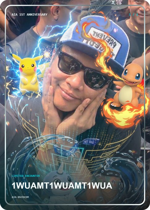 A digital trading card celebrating 'AIA 1ST ANNIVERSARY' features a young person in sunglasses and a cap, accompanied by Pikachu and Charmander illustrations with the code '1WUAMT1WUAMT1WUA' at the bottom.