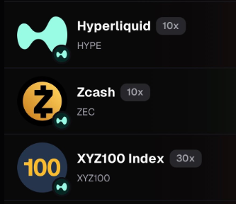 A dark-themed interface displaying a list of cryptocurrency tokens: Hyperliquid (HYPE) with 10x leverage, Zcash (ZEC) with 10x leverage, and XYZ100 Index (XYZ100) with 30x leverage.