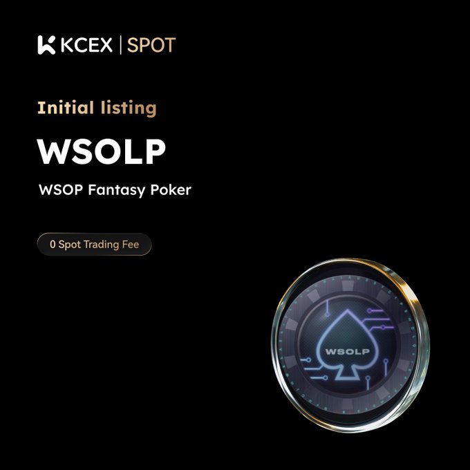 A KCEX Spot exchange listing announcement for the WSOLP token (WSOP Fantasy Poker), highlighting '0 Spot Trading Fee' next to a stylized digital coin logo.