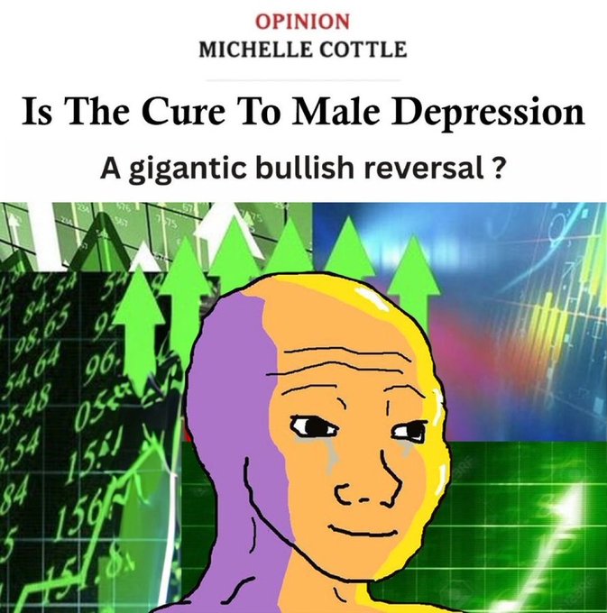 An opinion article header by Michelle Cottle titled "Is The Cure To Male Depression A gigantic bullish reversal?" featuring a sad wojak-style drawing over a green stock chart with upward arrows.