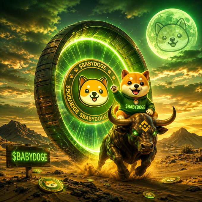 A cartoon Shiba Inu dressed in a "$BABYDOGE" hoodie rides a glowing-eyed bull through a desert, with a massive $BABYDOGE coin, a dog-faced moon, and a "$BABYDOGE" sign reinforcing the bullish crypto theme.