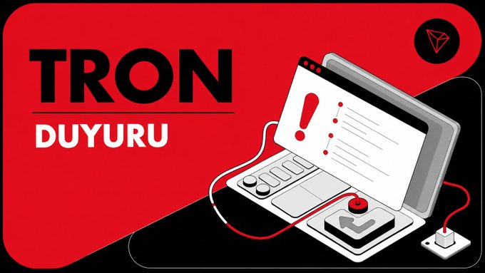 A red and black graphic reading 'TRON DUYURU' (TRON Announcement) featuring a laptop with an alert notification and the TRON logo.
