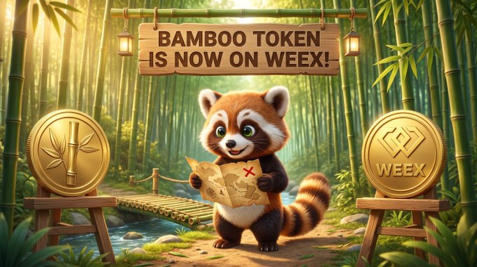 Illustration of a red panda holding a treasure map in a bamboo forest, with a wooden sign reading 'BAMBOO TOKEN IS NOW ON WEEX!' and golden coins bearing bamboo and WEEX logos.