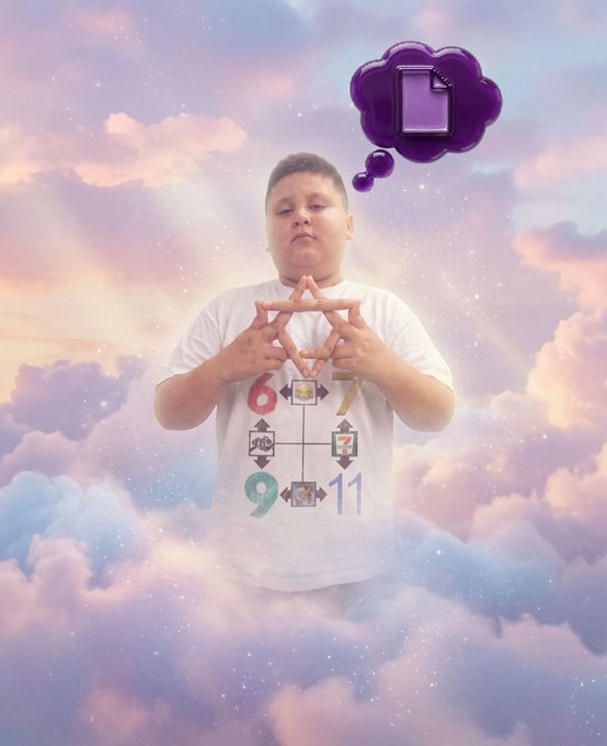 A boy in a white t-shirt with cartoon graphics making a triangle hand gesture while floating among pink and blue clouds, with a purple thought bubble showing a notebook.