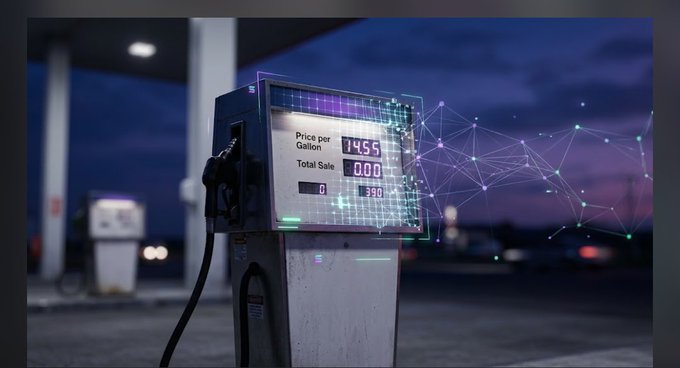 The image shows a gas pump at a station displaying "Price per Gallon 14.55" and "Total Sale 0.00," overlaid with a digital constellation of connected nodes suggesting blockchain or network technology. This visual reinforces the post's theme of everyday consumers lacking the financial hedging tools available to traders, illustrating the vulnerability the $HED token on Solana aims to address.