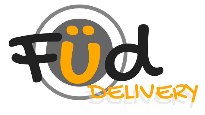 A logo for 'Füd Delivery' featuring a gray circle with a yellow smiley face inside, with the word 'Füd' in black text and 'DELIVERY' in orange.