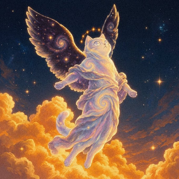 A fantasy illustration of a white cat with cosmic, star-filled wings wearing flowing robes, ascending through golden clouds against a starry night sky.