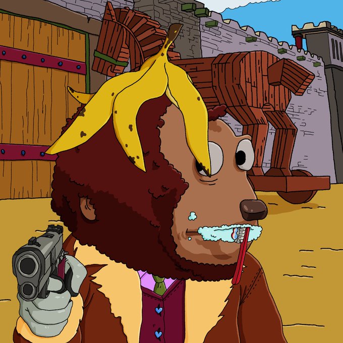 A cartoon illustration of a brown, hedgehog-like character with a banana peel on its head, holding a gun and a toothbrush, set against a medieval-style background.