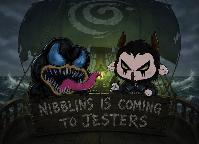 A cartoon black creature with a long pink tongue and a horned character stand on the deck of a ship with a glowing sail, holding a wooden sign reading "NIBBLINS IS COMING TO JESTERS." The whimsical pirate-themed illustration visually announces the collaboration between Nibblins and Jesters NFTs referenced in the post.