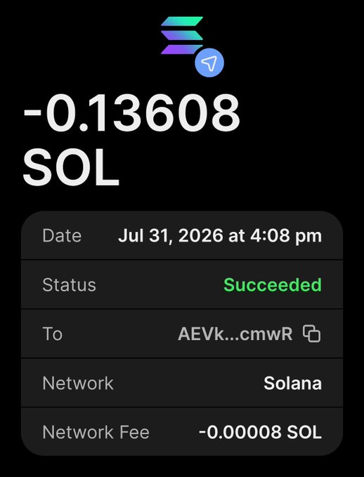 A cryptocurrency transaction screenshot shows a successful transfer of -0.13608 SOL on the Solana network, dated Jul 31, 2026 at 4:08 pm.