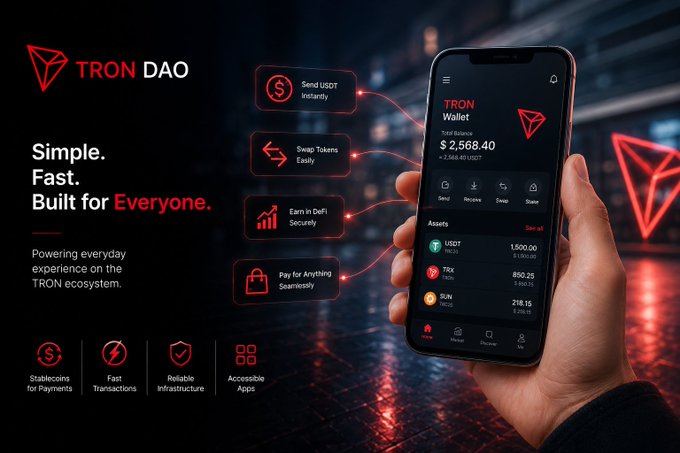 A promotional banner for 'TRON DAO' featuring a hand holding a phone displaying the TRON Wallet app with a $2,568.40 balance, alongside features like instant USDT sending and secure DeFi.