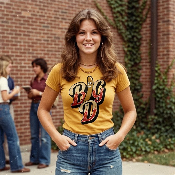 A photograph of a smiling young woman with long feathered hair, wearing a yellow t-shirt with a 'BIG D' graphic and blue jeans, standing outdoors in what appears to be a 1970s style setting.