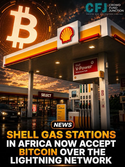 A digitally illustrated Shell gas station at dusk, featuring the iconic Shell logo and "V-Power" sign, with a large glowing Bitcoin symbol in the background sky. The image is branded with the "CFJ Crowd Fund Junction" logo and headline text announcing "SHELL GAS STATIONS IN AFRICA NOW ACCEPT BITCOIN OVER THE LIGHTNING NETWORK," visually tying the Bitcoin payment news to the recognizable Shell fueling station setting.