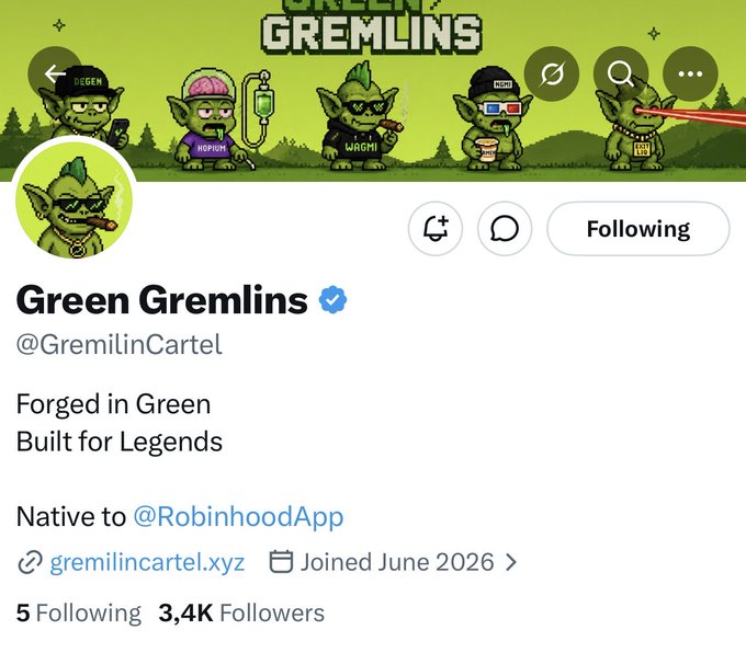The image shows the Twitter/X profile page for "Green Gremlins" (@GremilinCartel), a verified account with 3.4K followers featuring pixel-art gremlin avatars wearing accessories like 3D glasses, sunglasses, and hoodies, with the tagline "Forged in Green, Built for Legends." The banner advertises the collection's launch on Robinhood via OpenSea, matching the post's announcement of a 5,000 supply NFT drop at 0.001 ETH on July 6th.