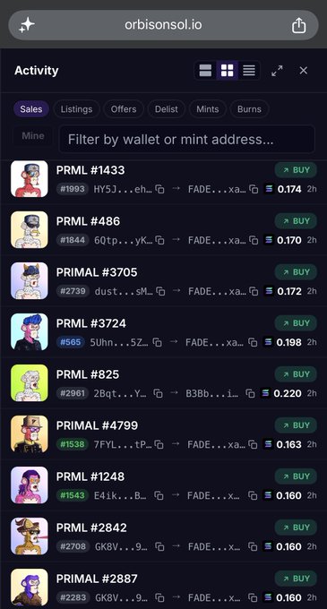 A mobile web browser screenshot of 'orbisonsol.io' showing the Activity/Sales tab for 'PRML' (Primal) NFTs with various character listings, token numbers, and prices in ETH.