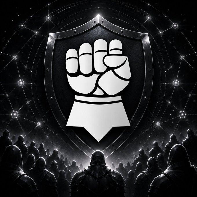 A dark, dramatic illustration featuring a black shield with a white fist emblem centered above an army of hooded figures, set against a glowing constellation-like backdrop.