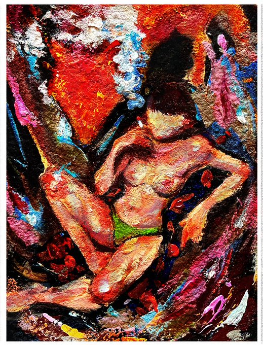 The image features a painting of a nude woman sitting cross-legged with her legs crossed, holding a cigarette between her fingers. The painting has an abstract style, which adds to its uniqueness. The artist's signature can be seen at the bottom right corner of the artwork.