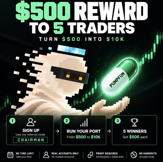 A promotional graphic offering "$500 REWARD TO 5 TRADERS" to "TURN $500 INTO $10K" on Pump.fun, with instructions to sign up with referral code "CHAIRMAN," featuring a pixelated character holding a glowing green Pill capsule.
