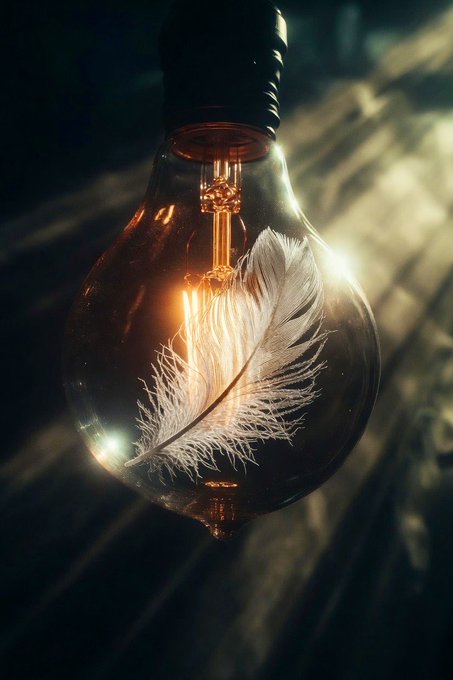 A close-up, moody photograph of an Edison-style lightbulb with a glowing filament illuminating a white feather encased inside the glass bulb.