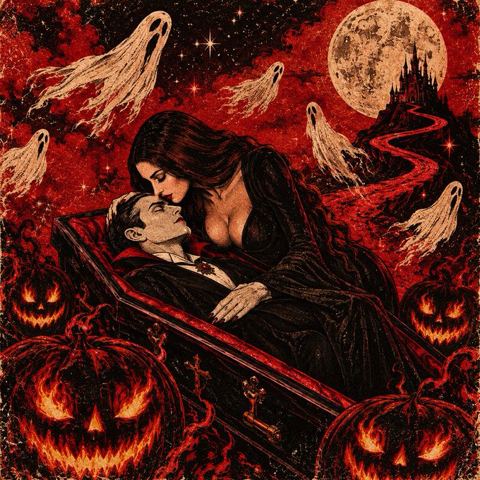 A Halloween-themed illustration shows a vampire woman embracing a man in a coffin, surrounded by glowing jack-o'-lanterns, floating ghosts, and a spooky castle under a full moon against a blood-red sky.