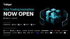 A promotional banner for the Bitget Vibe Trading Hackathon (May 21 - June 30) announcing it is "NOW OPEN," featuring a glowing teal cube graphic and logos of partner chains including TON, Mantle, Solana, Morph, Sei, and others, which ties into the post by showcasing the platform hosting VesperClaw, an accountable AI trading agent submitted to the hackathon.