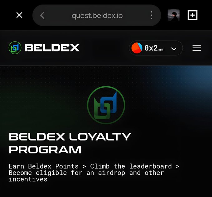 A screenshot of the Beldex website (quest.beldex.io) promoting the 'Beldex Loyalty Program,' where users can earn points, climb the leaderboard, and become eligible for an airdrop.